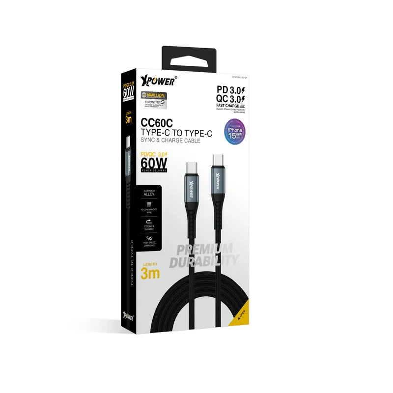 XPower 60W C To C 3m Cable - Black - Tashqila XPower 60W C To C 3m Cable - Black - Tashqila
